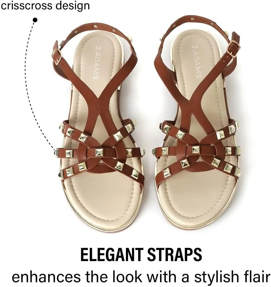 J. Adams Women's Strappy Flat Sandals with Gold Studs – Comfortable and Stylish Summer Footwear
