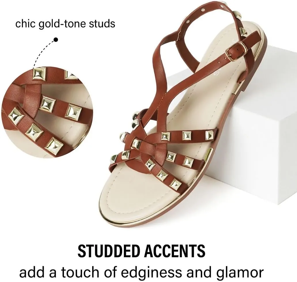 J. Adams Women's Strappy Flat Sandals with Gold Studs – Comfortable and Stylish Summer Footwear