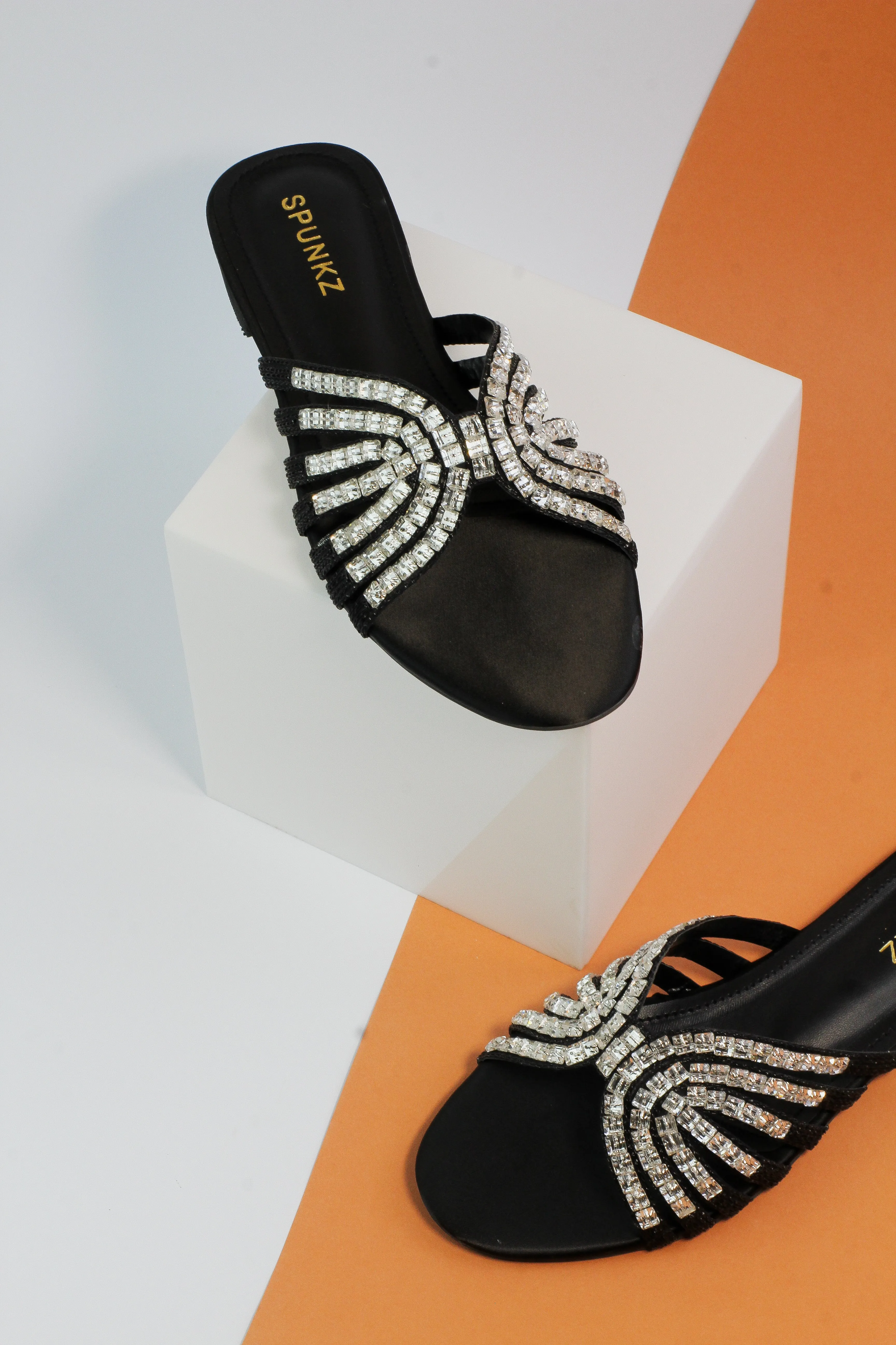 Jamie Criss-Cross Crystal-Studded Black Flats Sandal-11035
