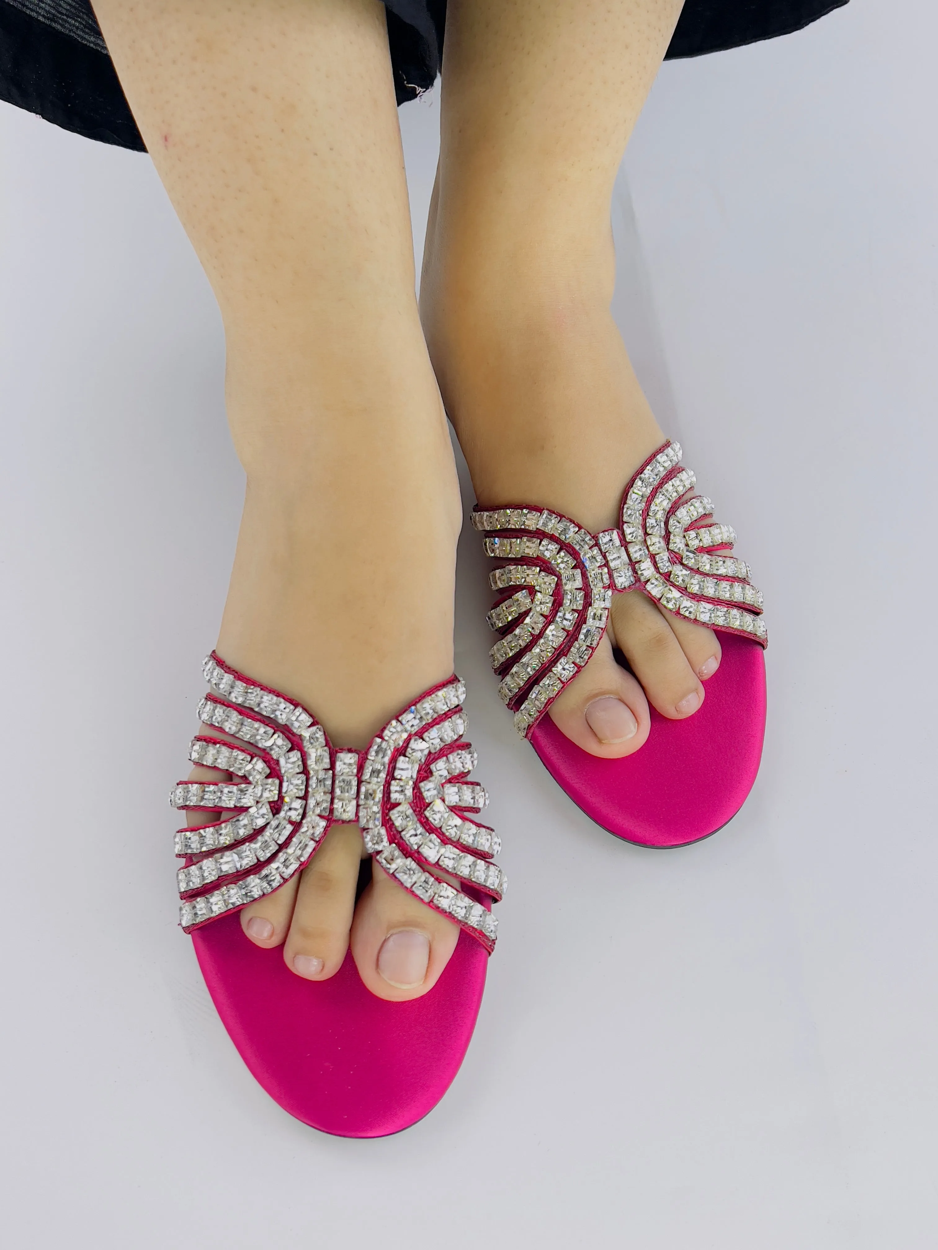 Jamie Pink Criss-Cross Crystal-Studded Flats Sandals-11035