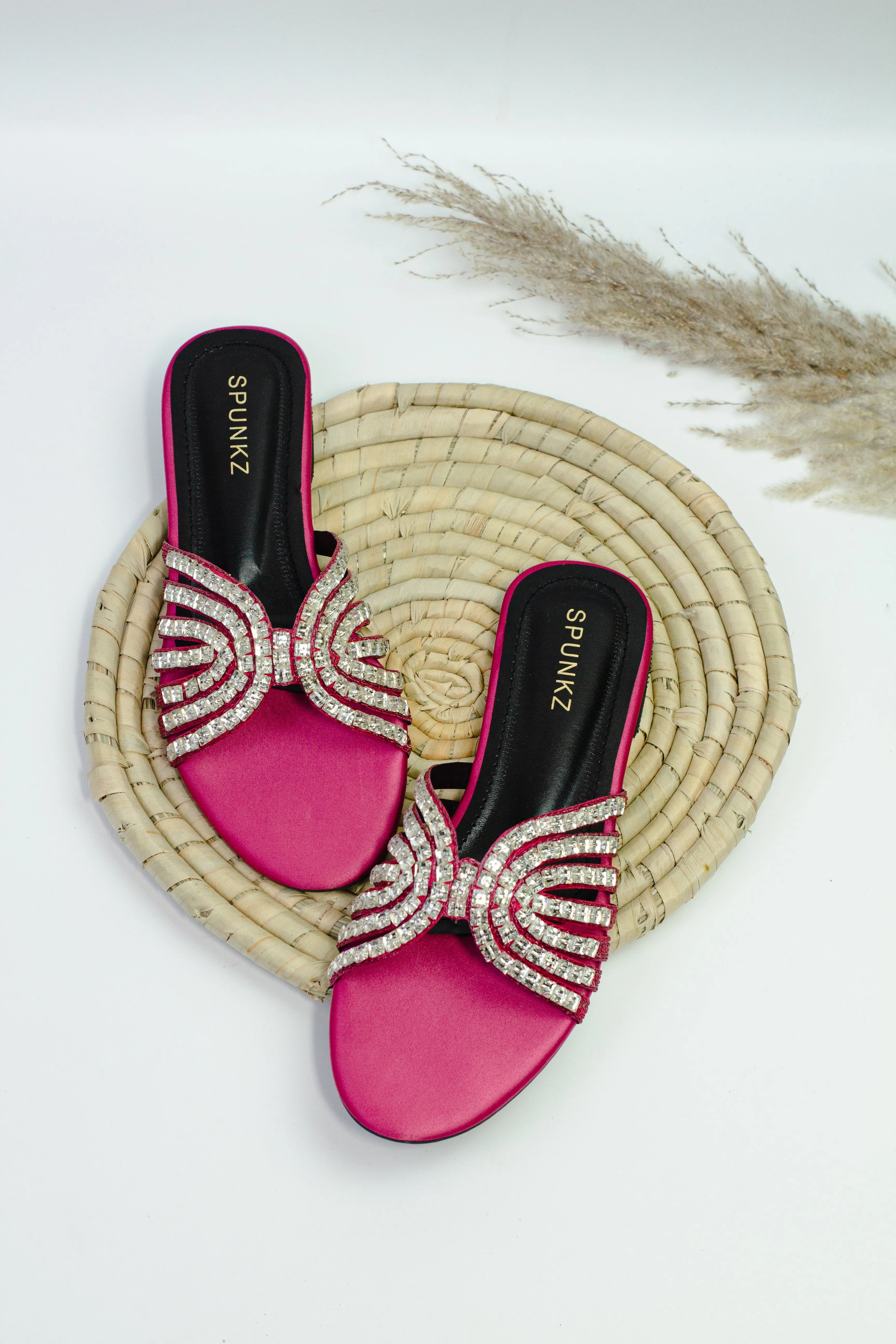 Jamie Pink Criss-Cross Crystal-Studded Flats Sandals-11035