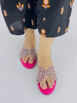 Jamie Pink Criss-Cross Crystal-Studded Flats Sandals-11035