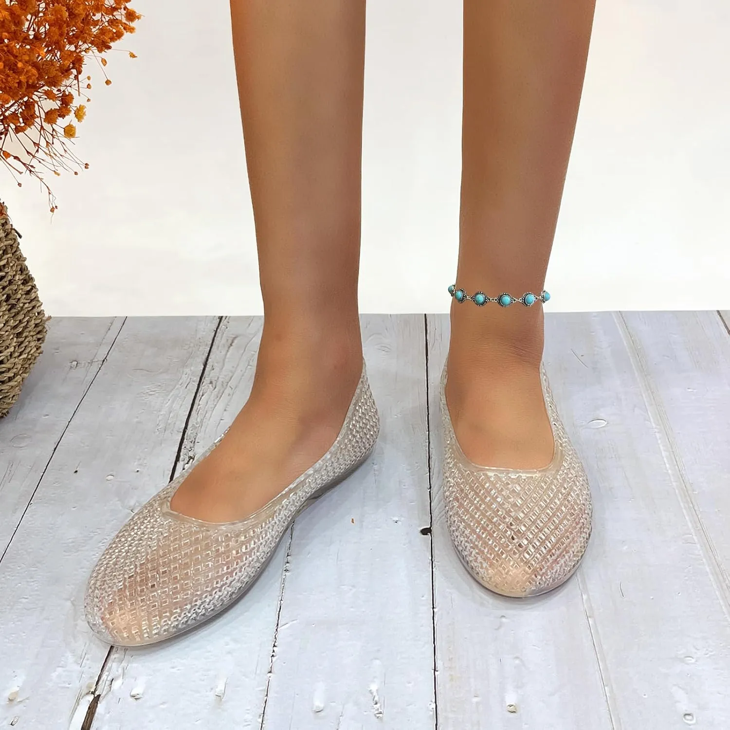 Jelly Mesh Ballet Flats for Women Clear Hollow Jellies Flat Sandals Round Toe Slip On Beach Flat Shoes