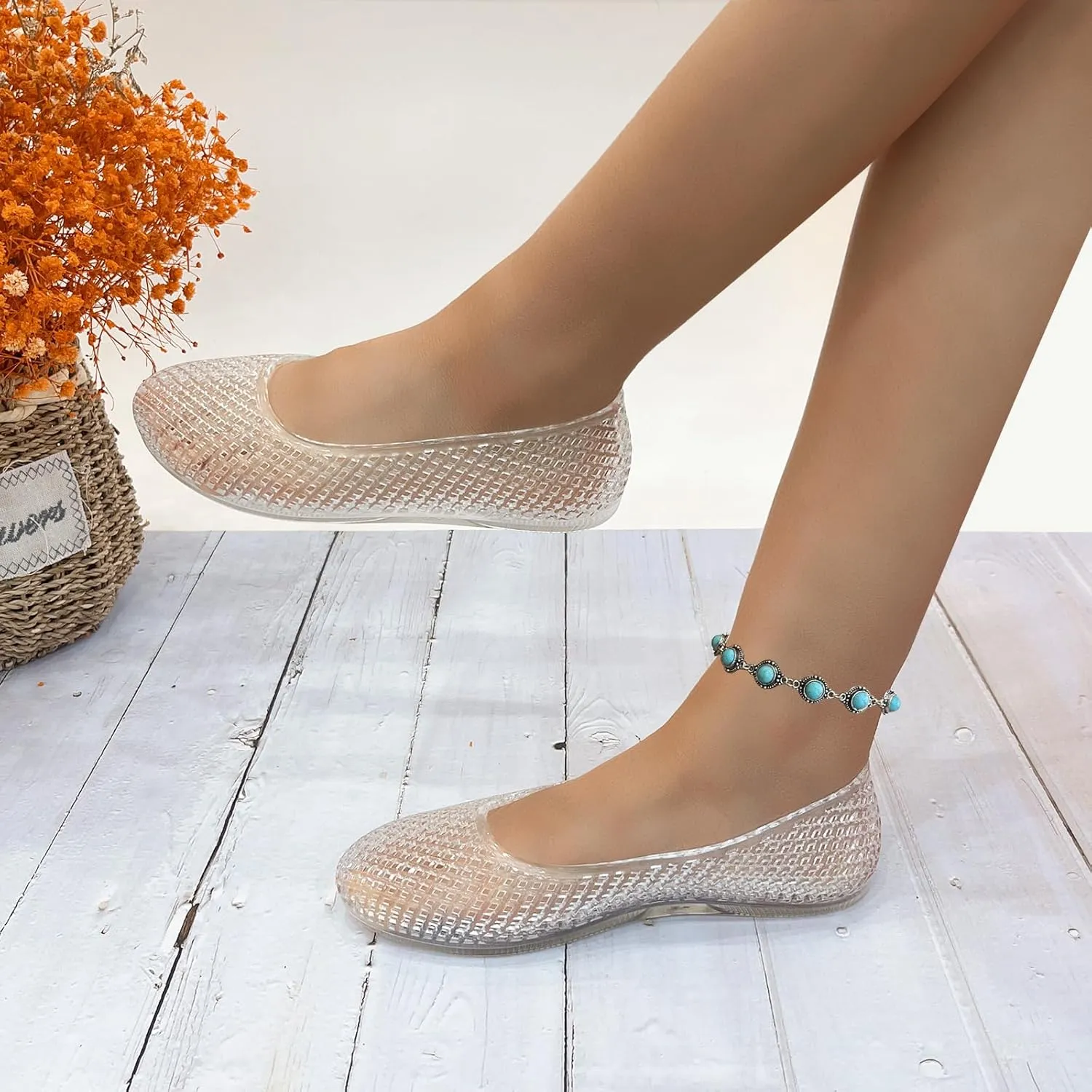 Jelly Mesh Ballet Flats for Women Clear Hollow Jellies Flat Sandals Round Toe Slip On Beach Flat Shoes