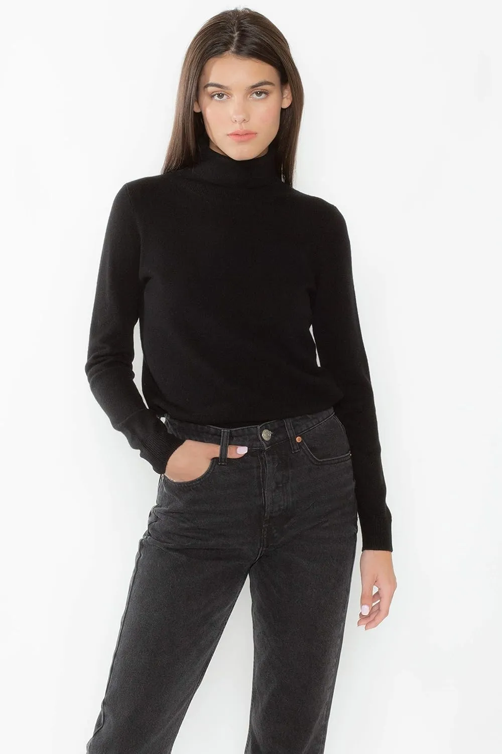JENNIE LIU Women's 100% Pure Cashmere Long Sleeve Pullover Turtleneck Sweater