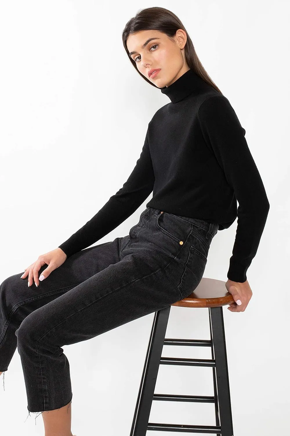 JENNIE LIU Women's 100% Pure Cashmere Long Sleeve Pullover Turtleneck Sweater