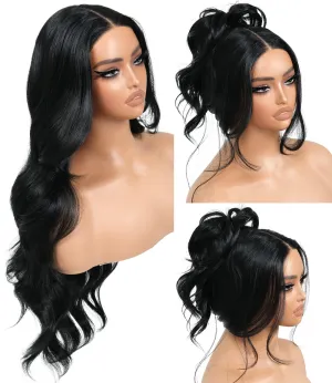 Jet Black Synthetic Lace Front Wigs Body Wave Glueless Wigs For Women Pre Plucked With Baby Hair 13x5x1 Middle Part HD Lace Wigs For Woman 26 inch 1B