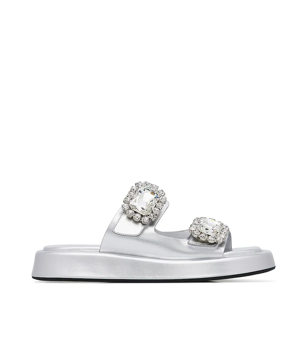 Jewel broche embellished silver-tone leather mules
