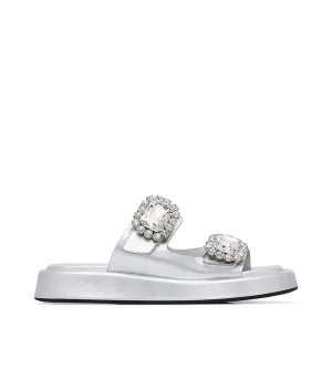 Jewel broche embellished silver-tone leather mules