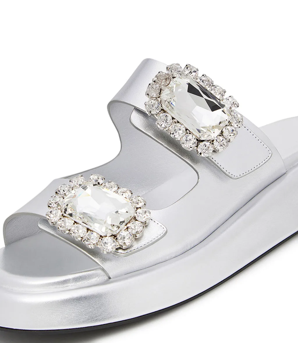 Jewel broche embellished silver-tone leather mules