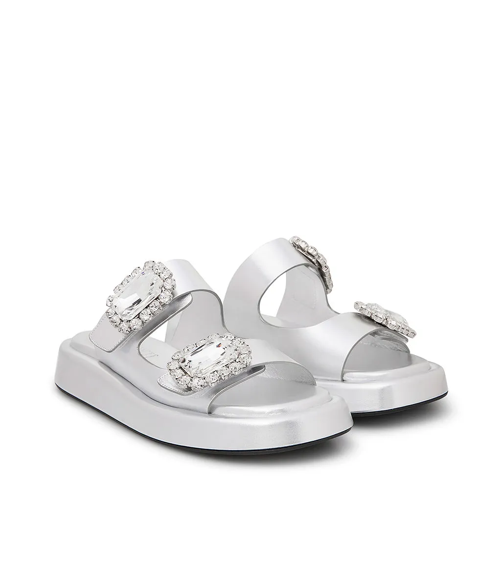 Jewel broche embellished silver-tone leather mules