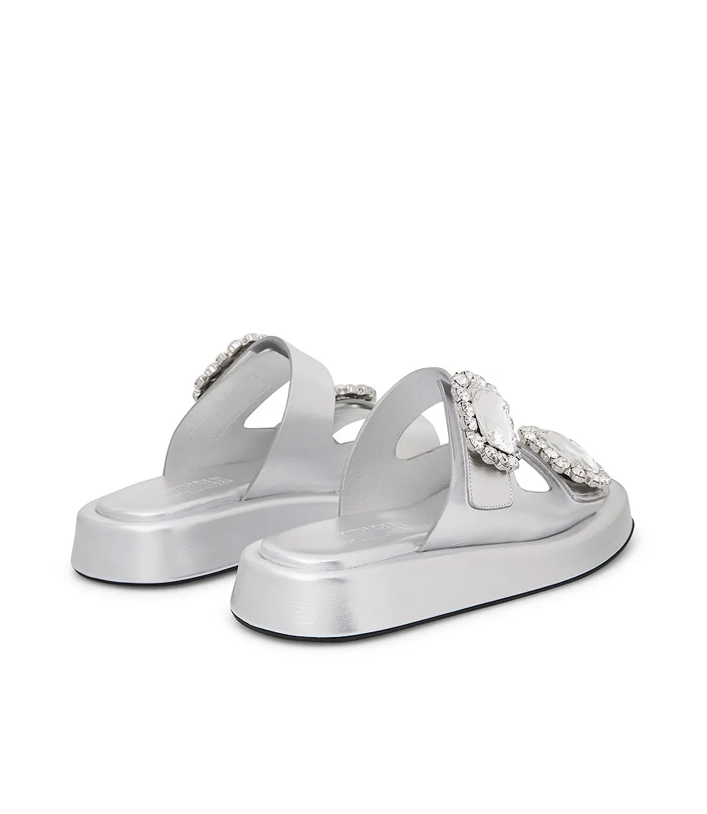 Jewel broche embellished silver-tone leather mules