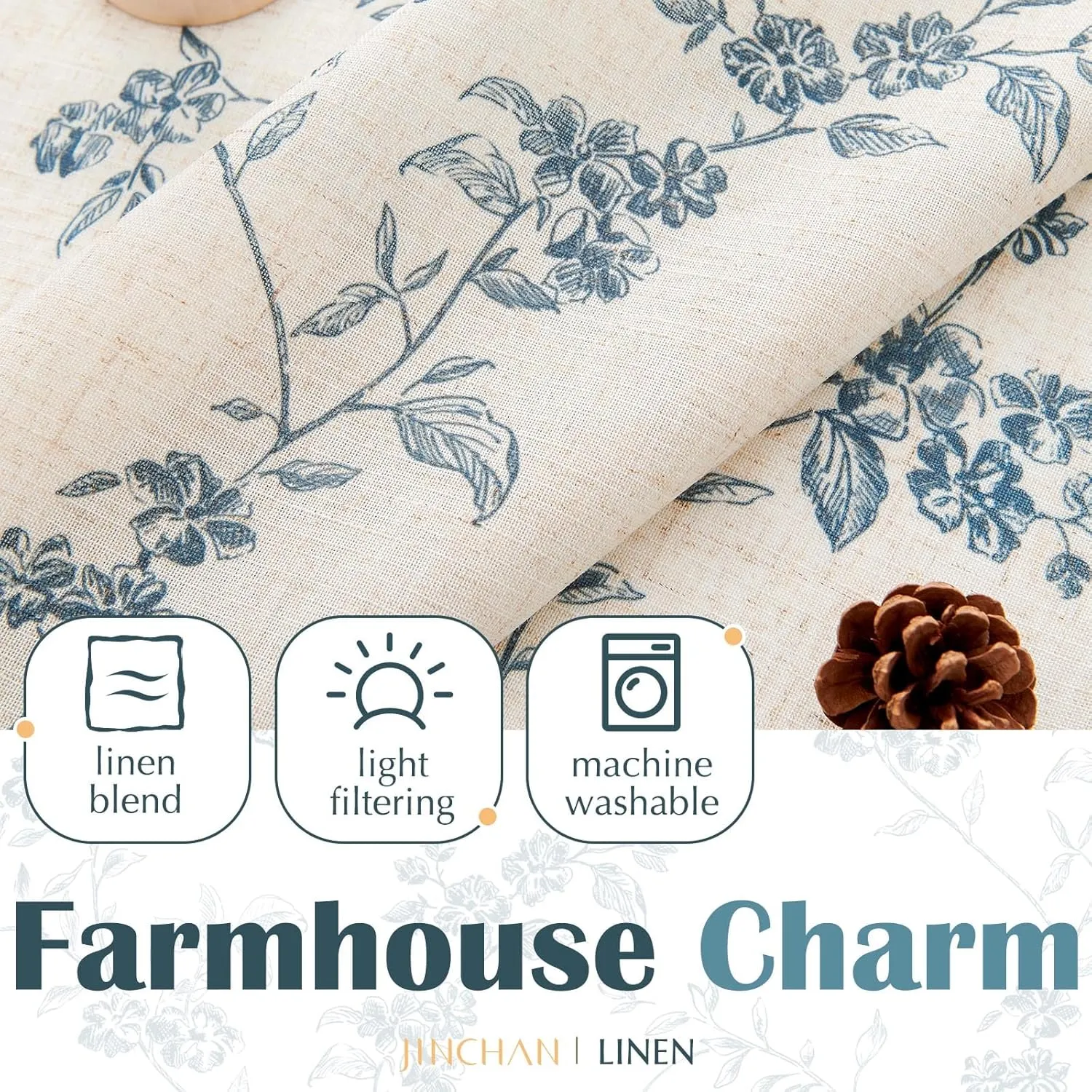 jinchan Floral Kitchen Curtains 24 Inch Linen Tier Curtains Farmhouse Cafe Half Window Drapes Over Sink Light Filtering Blue on Beige for Living Room Laundry RV Rod Pocket 2 Panels