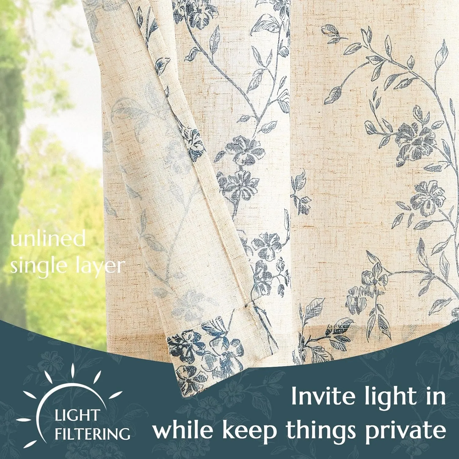 jinchan Floral Kitchen Curtains 24 Inch Linen Tier Curtains Farmhouse Cafe Half Window Drapes Over Sink Light Filtering Blue on Beige for Living Room Laundry RV Rod Pocket 2 Panels