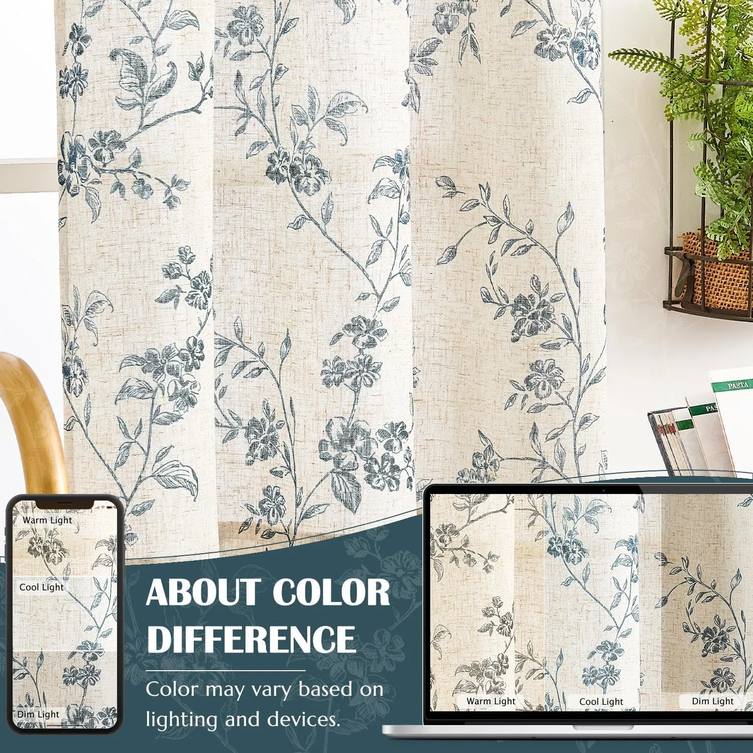 jinchan Floral Kitchen Curtains 24 Inch Linen Tier Curtains Farmhouse Cafe Half Window Drapes Over Sink Light Filtering Blue on Beige for Living Room Laundry RV Rod Pocket 2 Panels