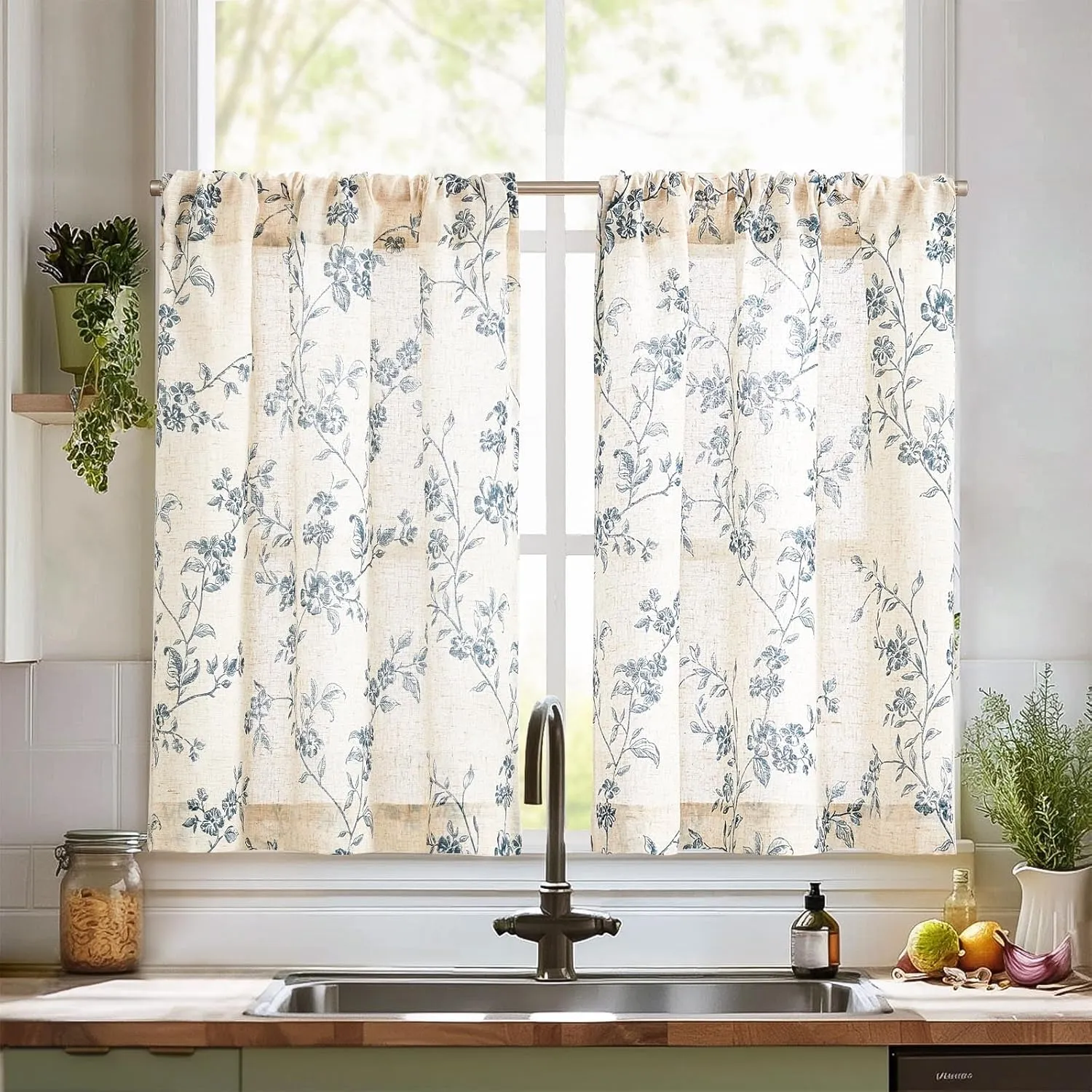 jinchan Floral Kitchen Curtains 24 Inch Linen Tier Curtains Farmhouse Cafe Half Window Drapes Over Sink Light Filtering Blue on Beige for Living Room Laundry RV Rod Pocket 2 Panels
