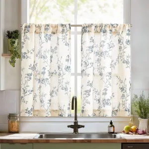jinchan Floral Kitchen Curtains 24 Inch Linen Tier Curtains Farmhouse Cafe Half Window Drapes Over Sink Light Filtering Blue on Beige for Living Room Laundry RV Rod Pocket 2 Panels