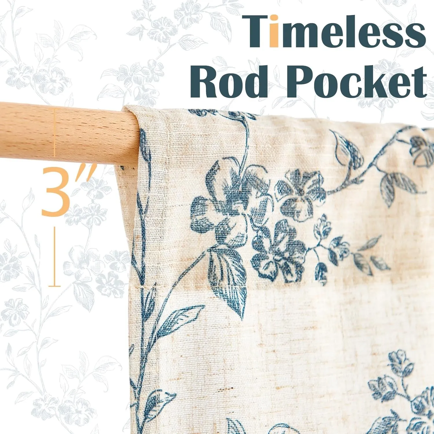 jinchan Floral Kitchen Curtains 24 Inch Linen Tier Curtains Farmhouse Cafe Half Window Drapes Over Sink Light Filtering Blue on Beige for Living Room Laundry RV Rod Pocket 2 Panels