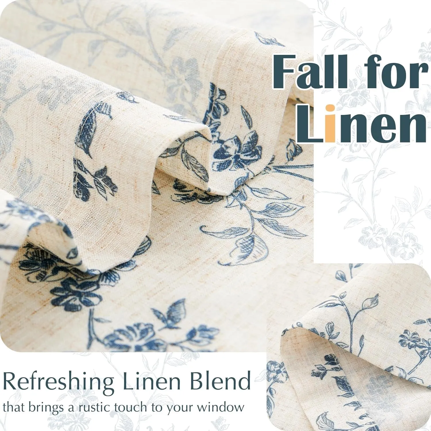 jinchan Floral Kitchen Curtains 24 Inch Linen Tier Curtains Farmhouse Cafe Half Window Drapes Over Sink Light Filtering Blue on Beige for Living Room Laundry RV Rod Pocket 2 Panels