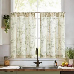 jinchan Floral Kitchen Curtains 24 Inch Linen Tier Curtains Farmhouse Cafe Half Window Drapes Over Sink Light Filtering Sage Green on Beige for Living Room Laundry RV Rod Pocket 2 Panels