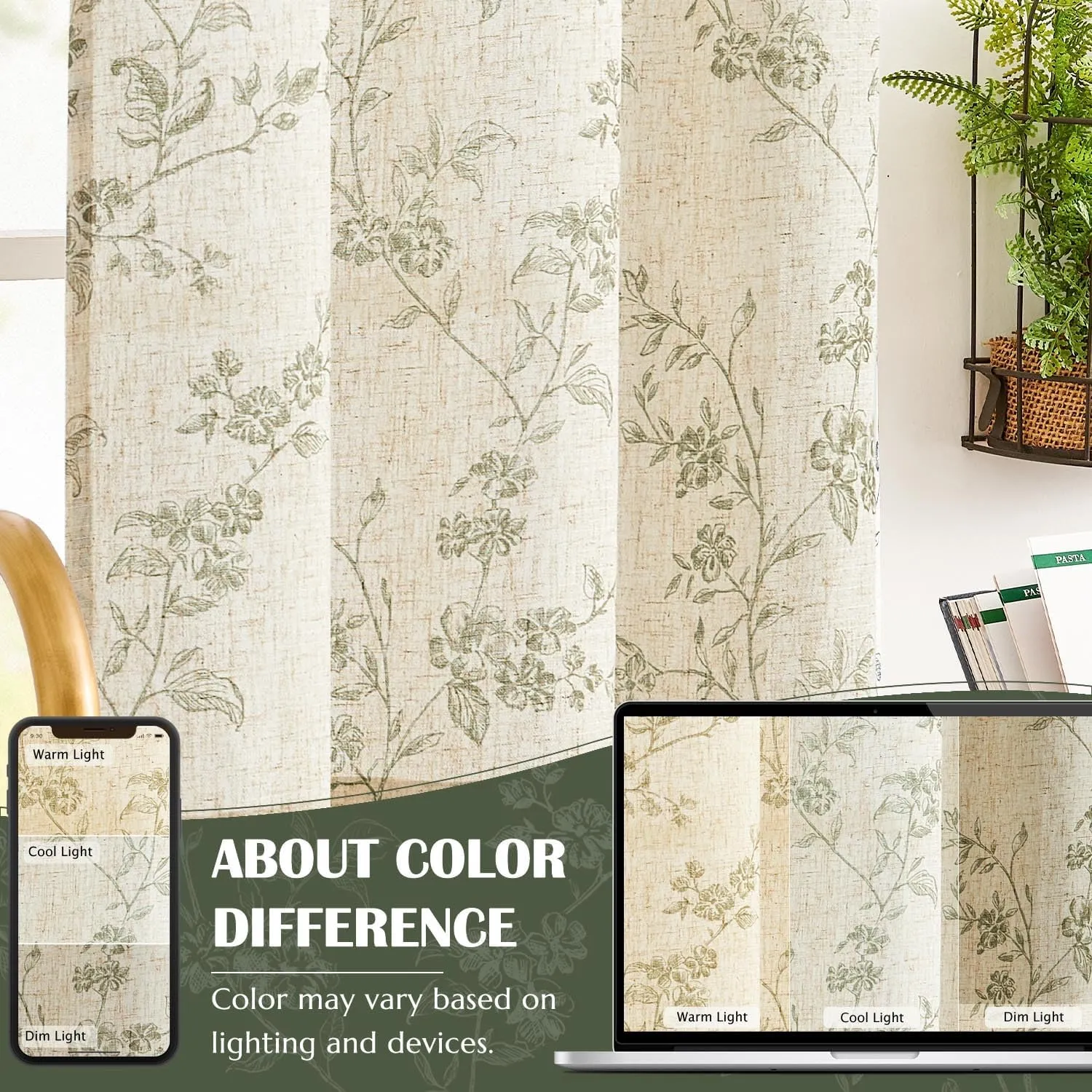 jinchan Floral Kitchen Curtains 24 Inch Linen Tier Curtains Farmhouse Cafe Half Window Drapes Over Sink Light Filtering Sage Green on Beige for Living Room Laundry RV Rod Pocket 2 Panels