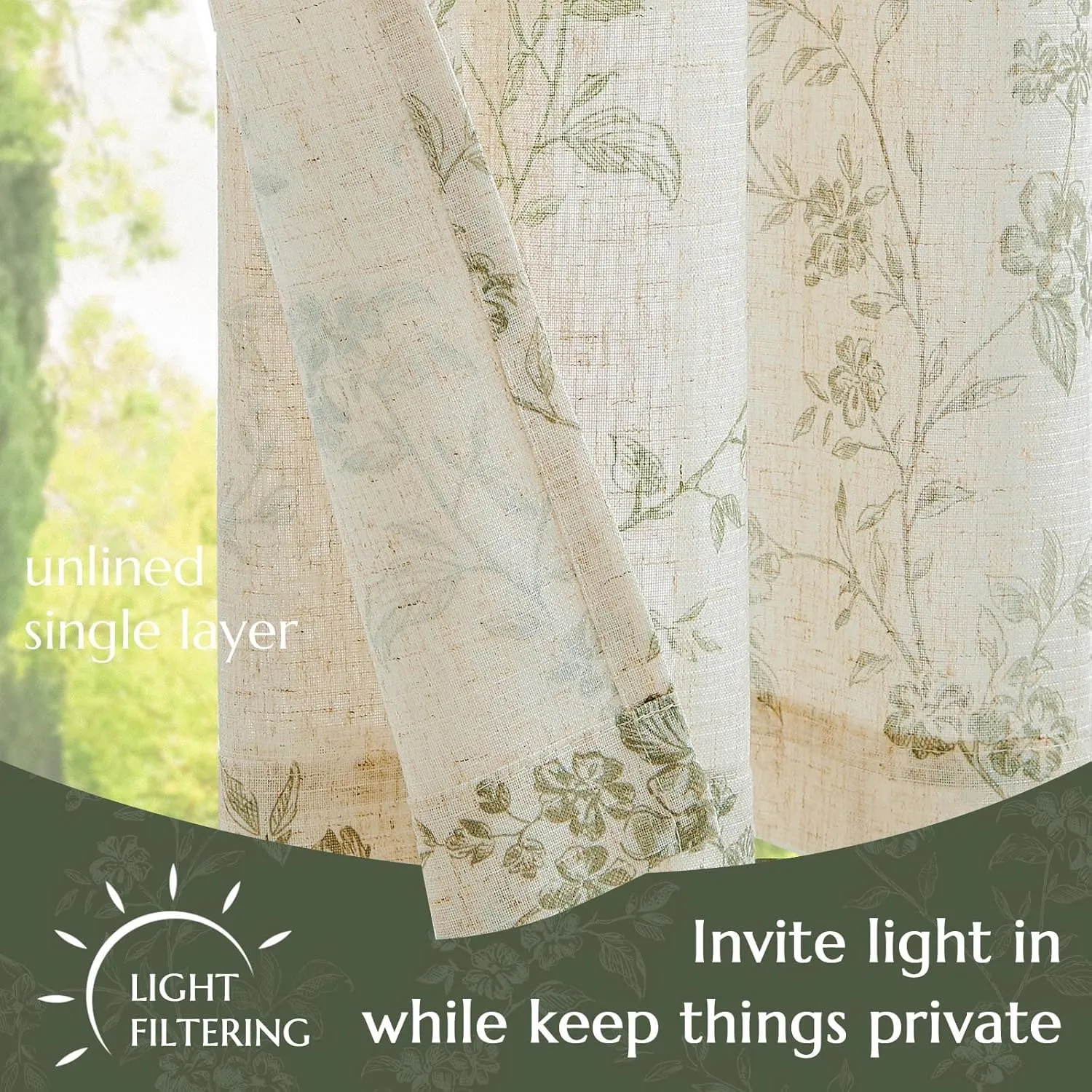 jinchan Floral Kitchen Curtains 24 Inch Linen Tier Curtains Farmhouse Cafe Half Window Drapes Over Sink Light Filtering Sage Green on Beige for Living Room Laundry RV Rod Pocket 2 Panels