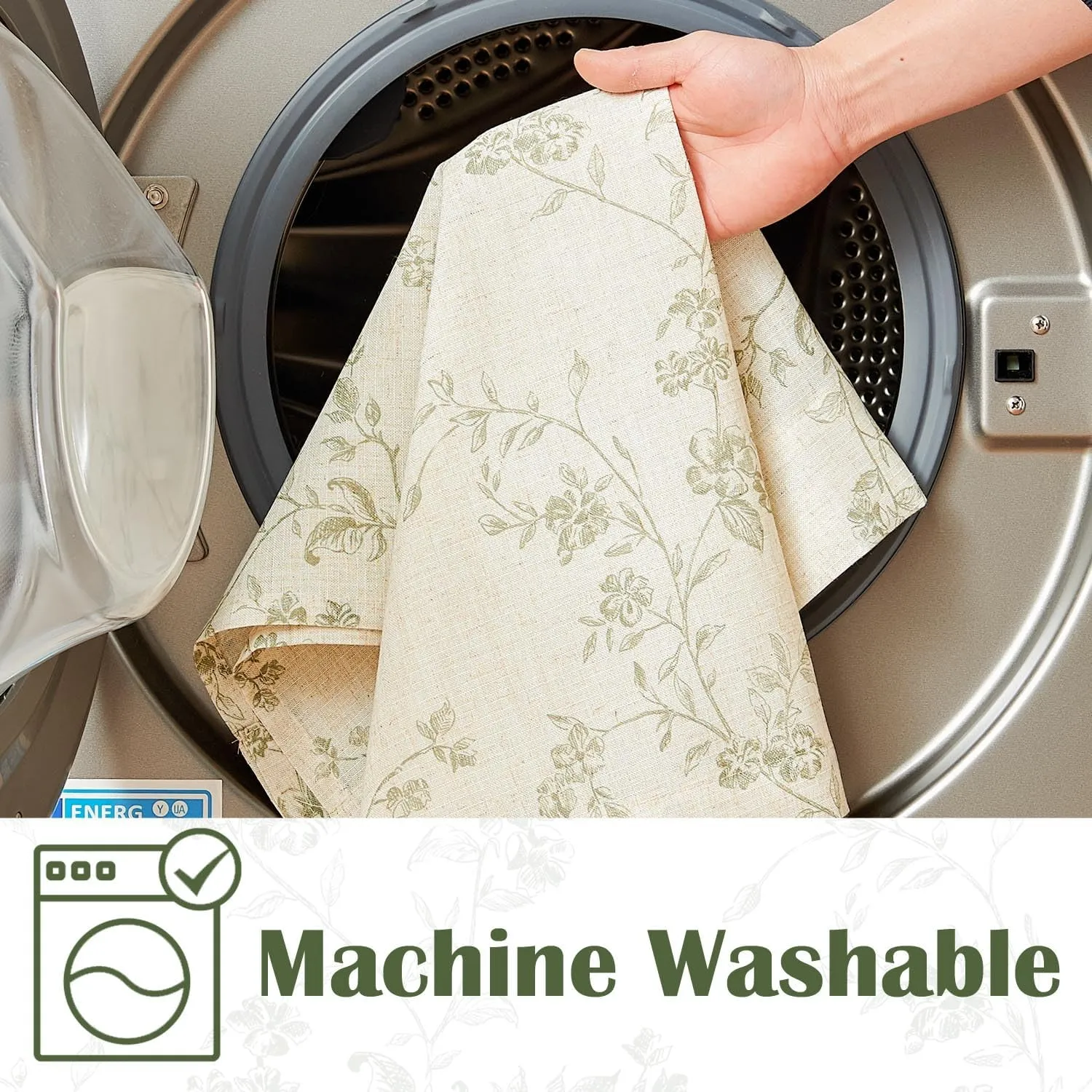 jinchan Floral Kitchen Curtains 24 Inch Linen Tier Curtains Farmhouse Cafe Half Window Drapes Over Sink Light Filtering Sage Green on Beige for Living Room Laundry RV Rod Pocket 2 Panels
