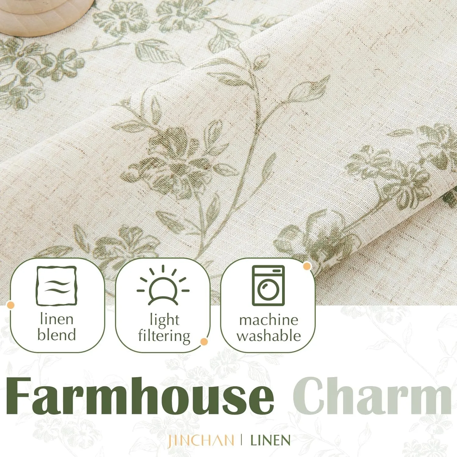 jinchan Floral Kitchen Curtains 24 Inch Linen Tier Curtains Farmhouse Cafe Half Window Drapes Over Sink Light Filtering Sage Green on Beige for Living Room Laundry RV Rod Pocket 2 Panels