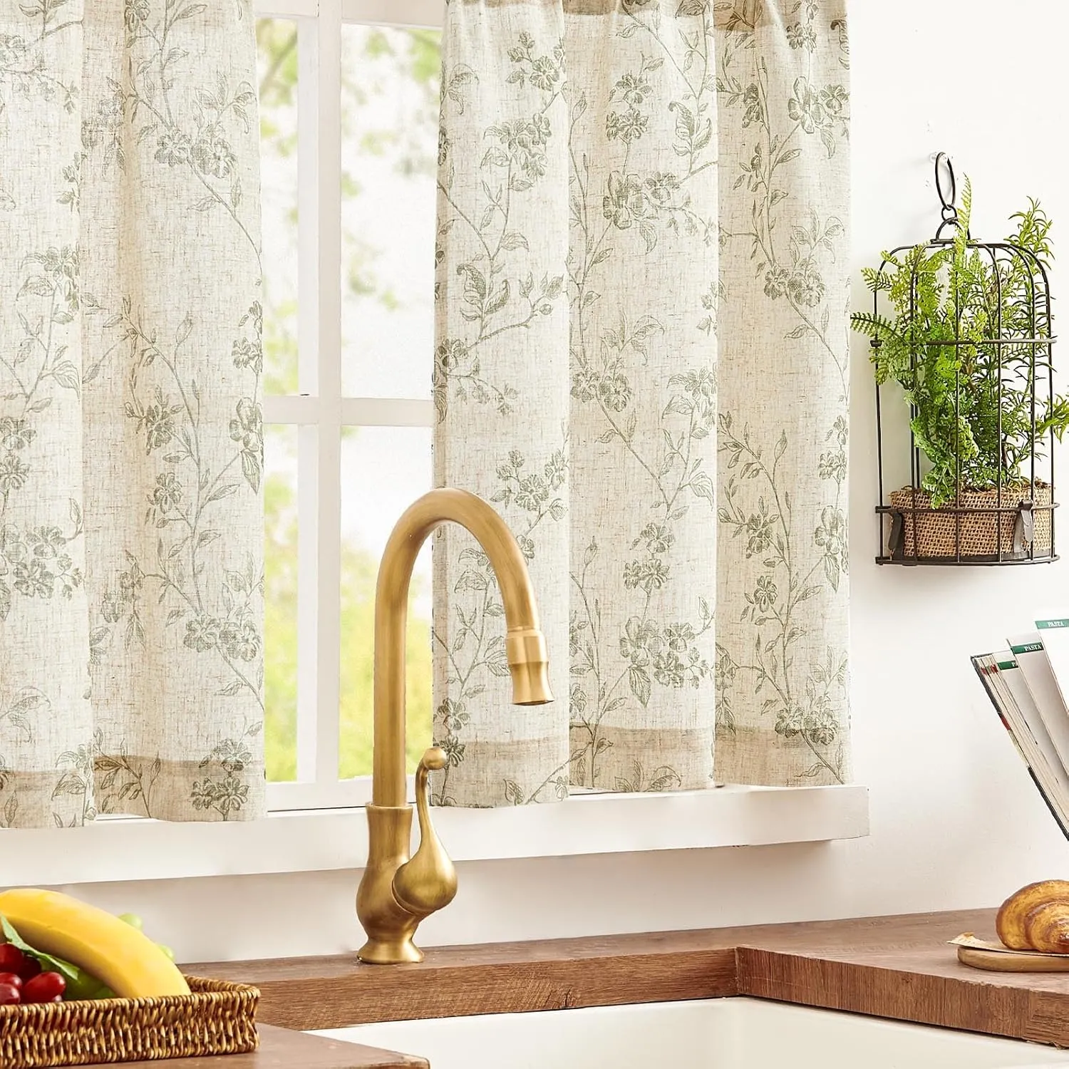 jinchan Floral Kitchen Curtains 24 Inch Linen Tier Curtains Farmhouse Cafe Half Window Drapes Over Sink Light Filtering Sage Green on Beige for Living Room Laundry RV Rod Pocket 2 Panels