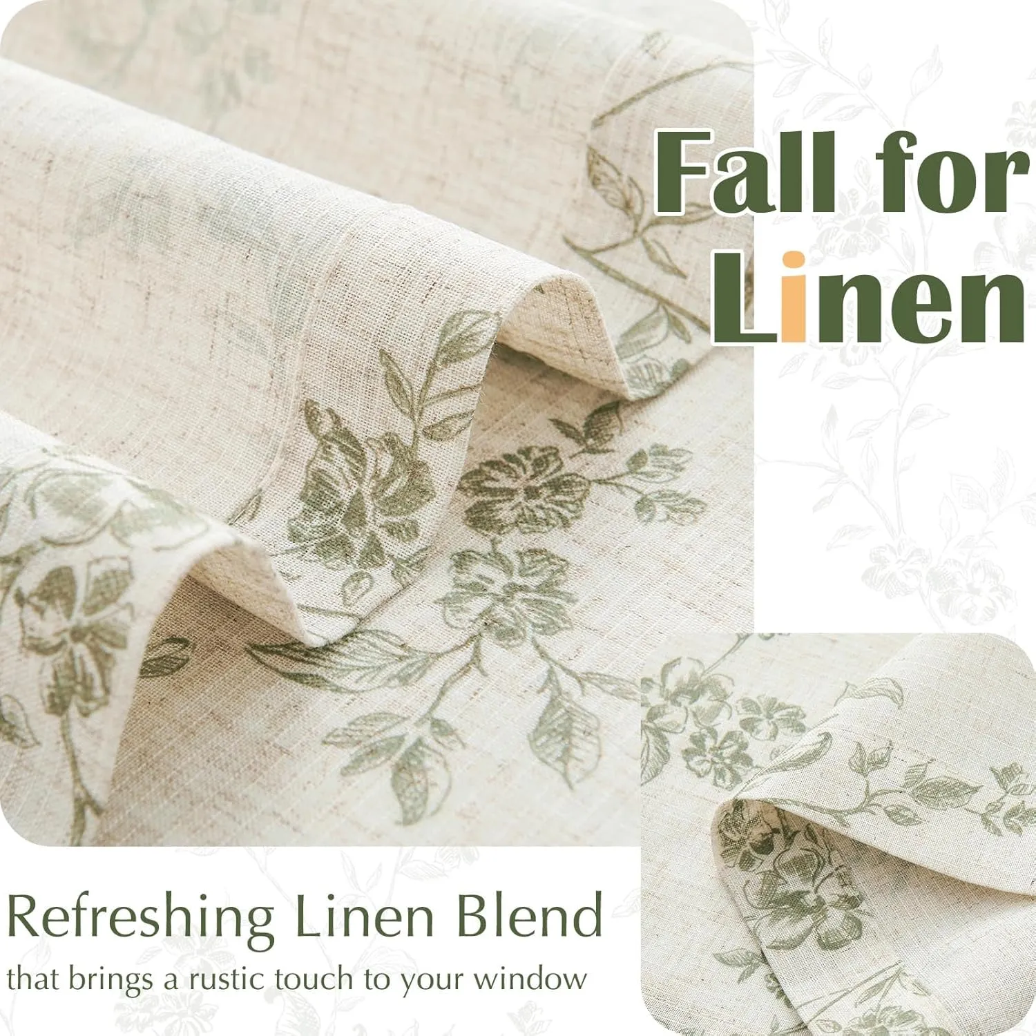 jinchan Floral Kitchen Curtains 24 Inch Linen Tier Curtains Farmhouse Cafe Half Window Drapes Over Sink Light Filtering Sage Green on Beige for Living Room Laundry RV Rod Pocket 2 Panels