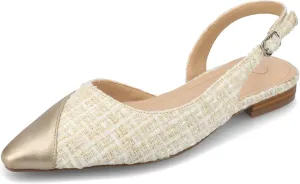 Journee Womens Buckle Slingback Tweed Stacked Block Heel Closed Pointed Toe Comfort Foam Daphnne Flat