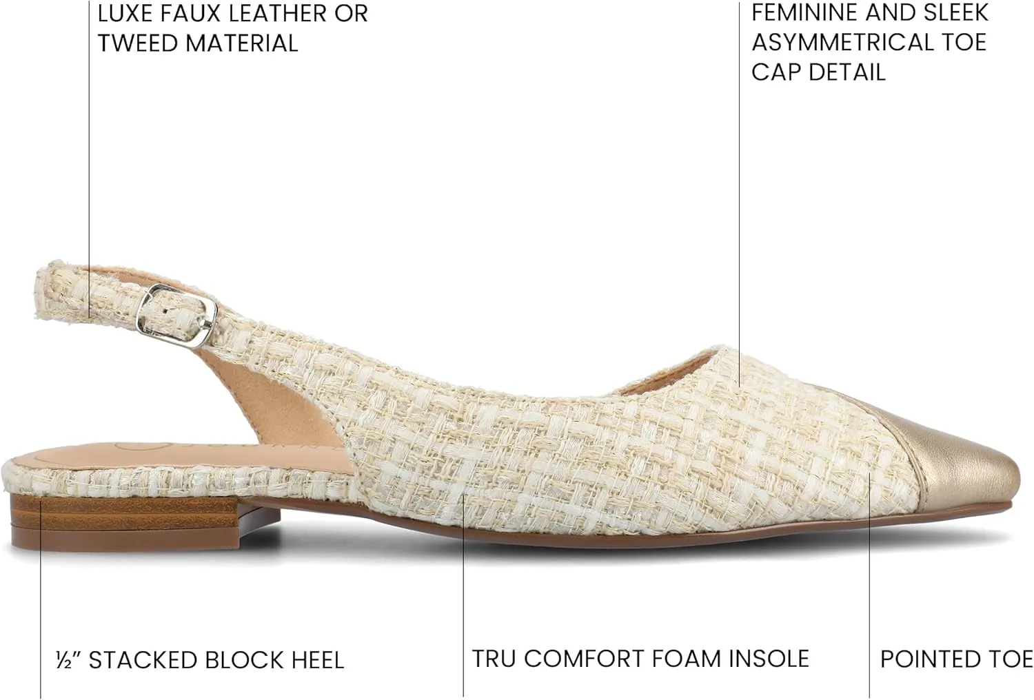 Journee Womens Buckle Slingback Tweed Stacked Block Heel Closed Pointed Toe Comfort Foam Daphnne Flat