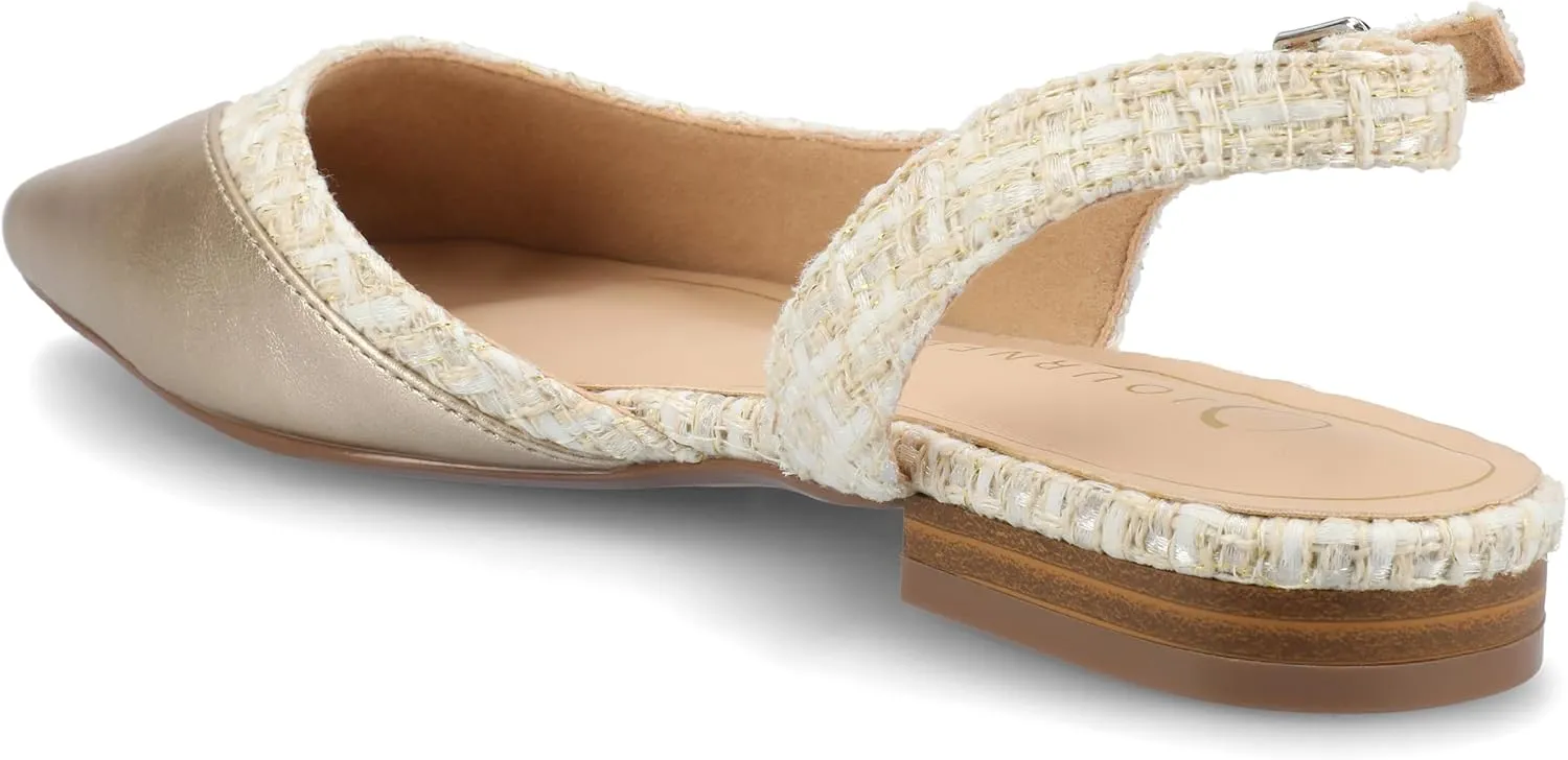 Journee Womens Buckle Slingback Tweed Stacked Block Heel Closed Pointed Toe Comfort Foam Daphnne Flat