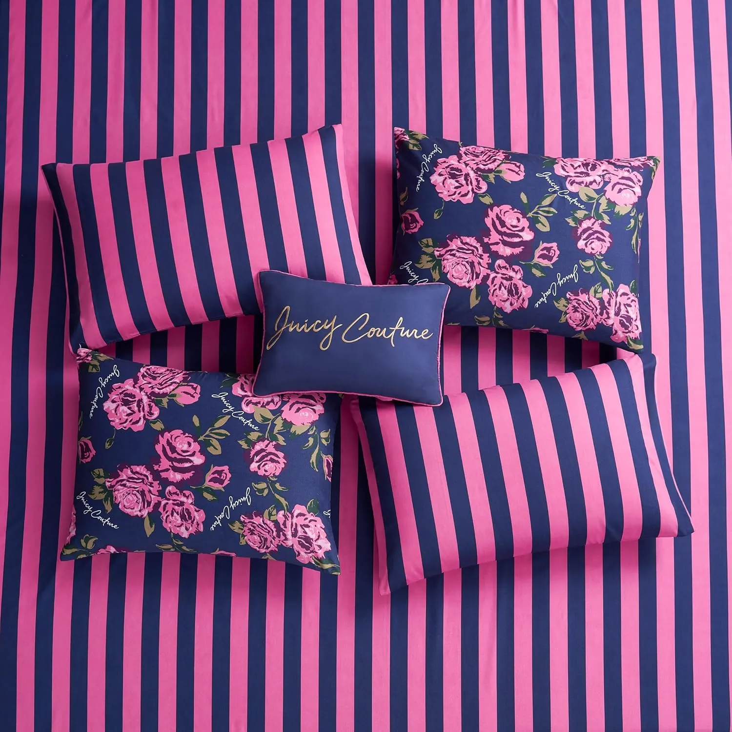 Juicy Couture Rose Logo Queen Comforter Set, Navy/Pink – 8-Piece Complete Bed in a Bag