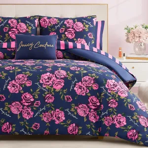 Juicy Couture Rose Logo Queen Comforter Set, Navy/Pink – 8-Piece Complete Bed in a Bag