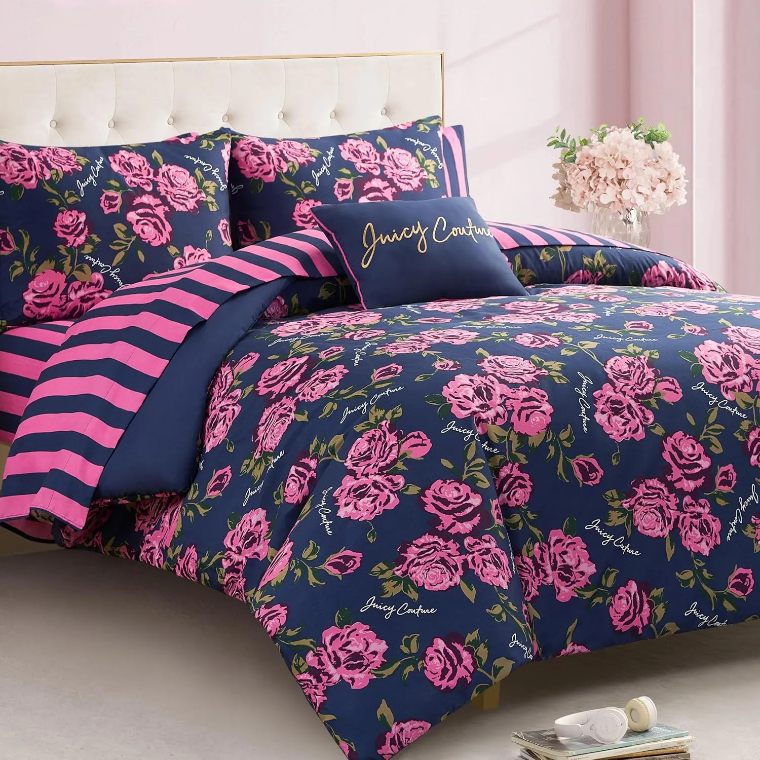 Juicy Couture Rose Logo Queen Comforter Set, Navy/Pink – 8-Piece Complete Bed in a Bag