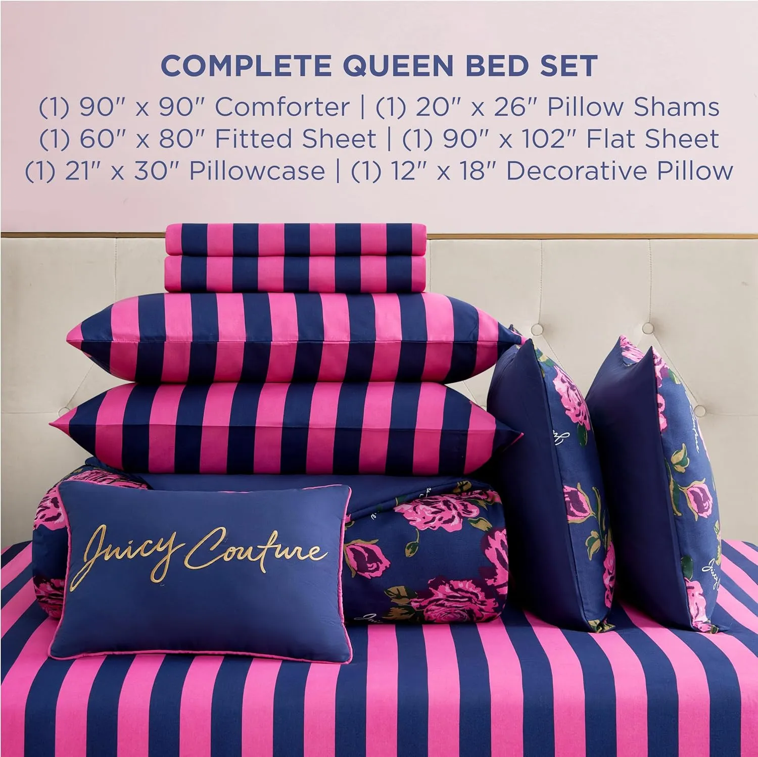 Juicy Couture Rose Logo Queen Comforter Set, Navy/Pink – 8-Piece Complete Bed in a Bag