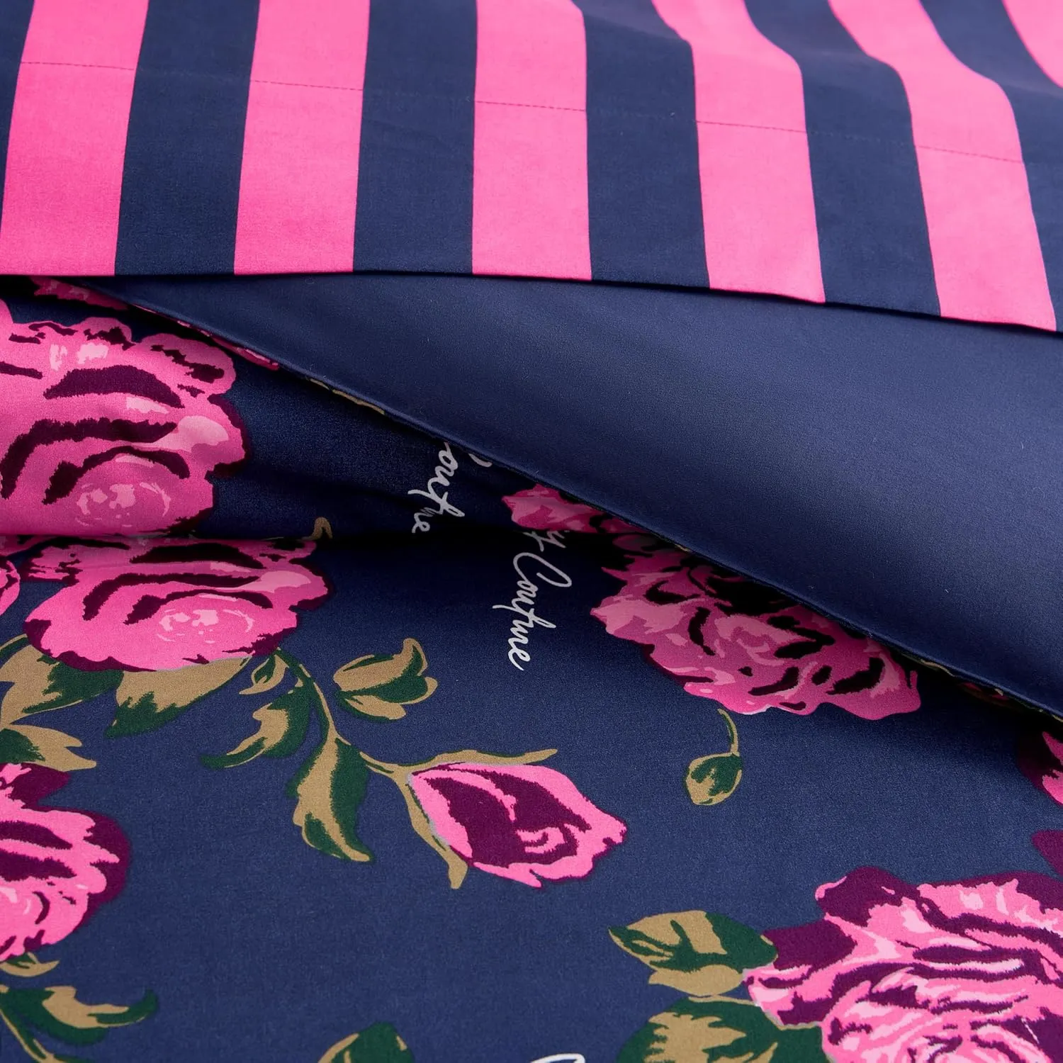 Juicy Couture Rose Logo Queen Comforter Set, Navy/Pink – 8-Piece Complete Bed in a Bag