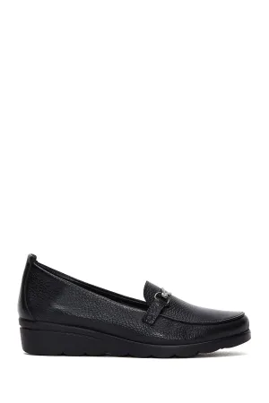 Kadın Siyah Deri Dolgu Topuklu Loafer