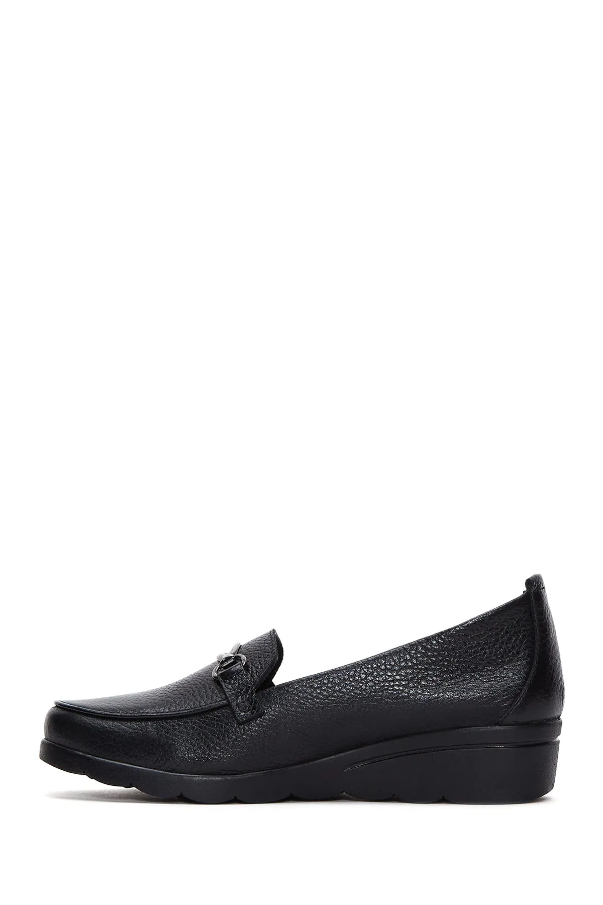 Kadın Siyah Deri Dolgu Topuklu Loafer