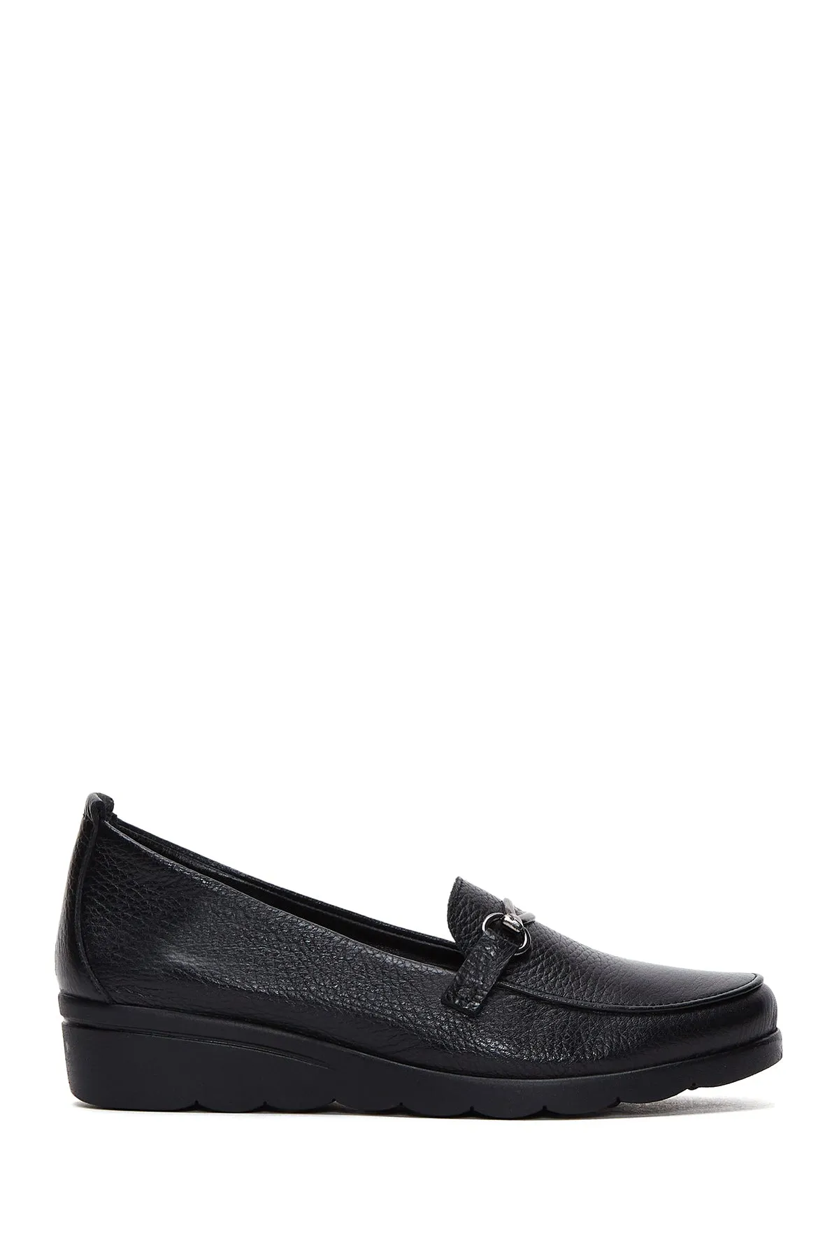 Kadın Siyah Deri Dolgu Topuklu Loafer