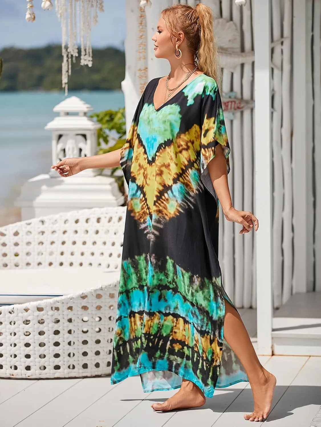 Kaftan Dresses for Women Plus Size Bathing Suit Cover up Vneck Batwing Dress Loose fit Moroccan Caftan mumu Dresses
