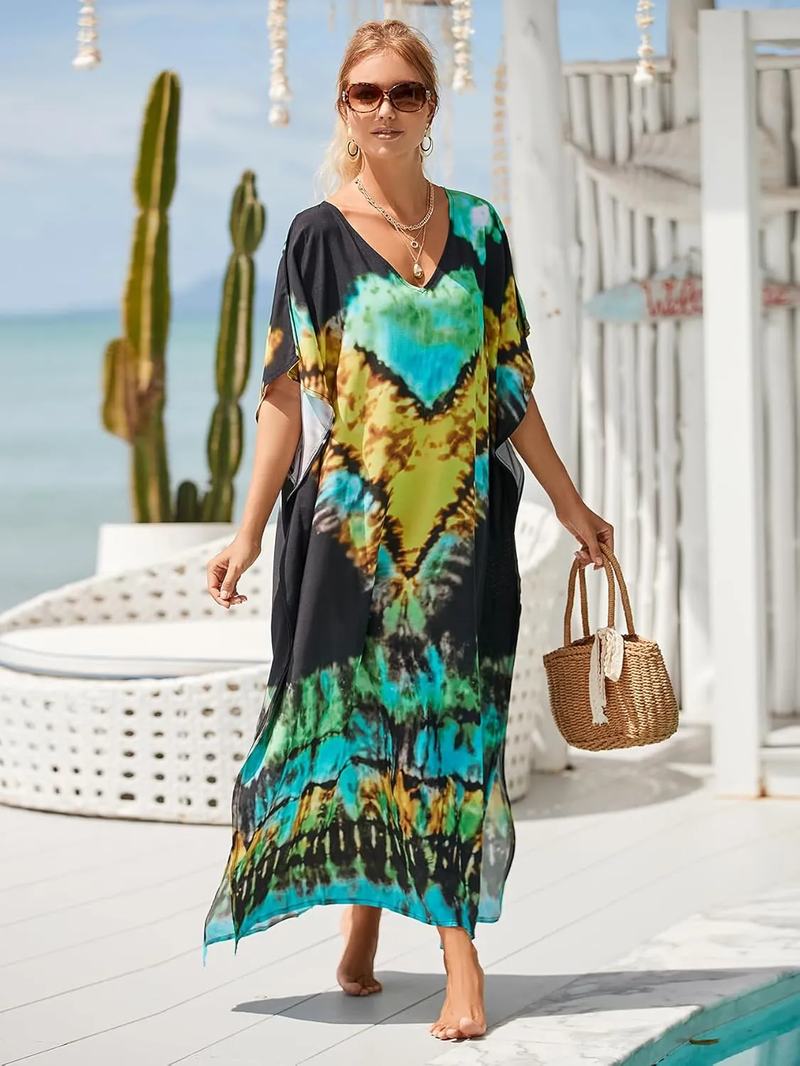 Kaftan Dresses for Women Plus Size Bathing Suit Cover up Vneck Batwing Dress Loose fit Moroccan Caftan mumu Dresses