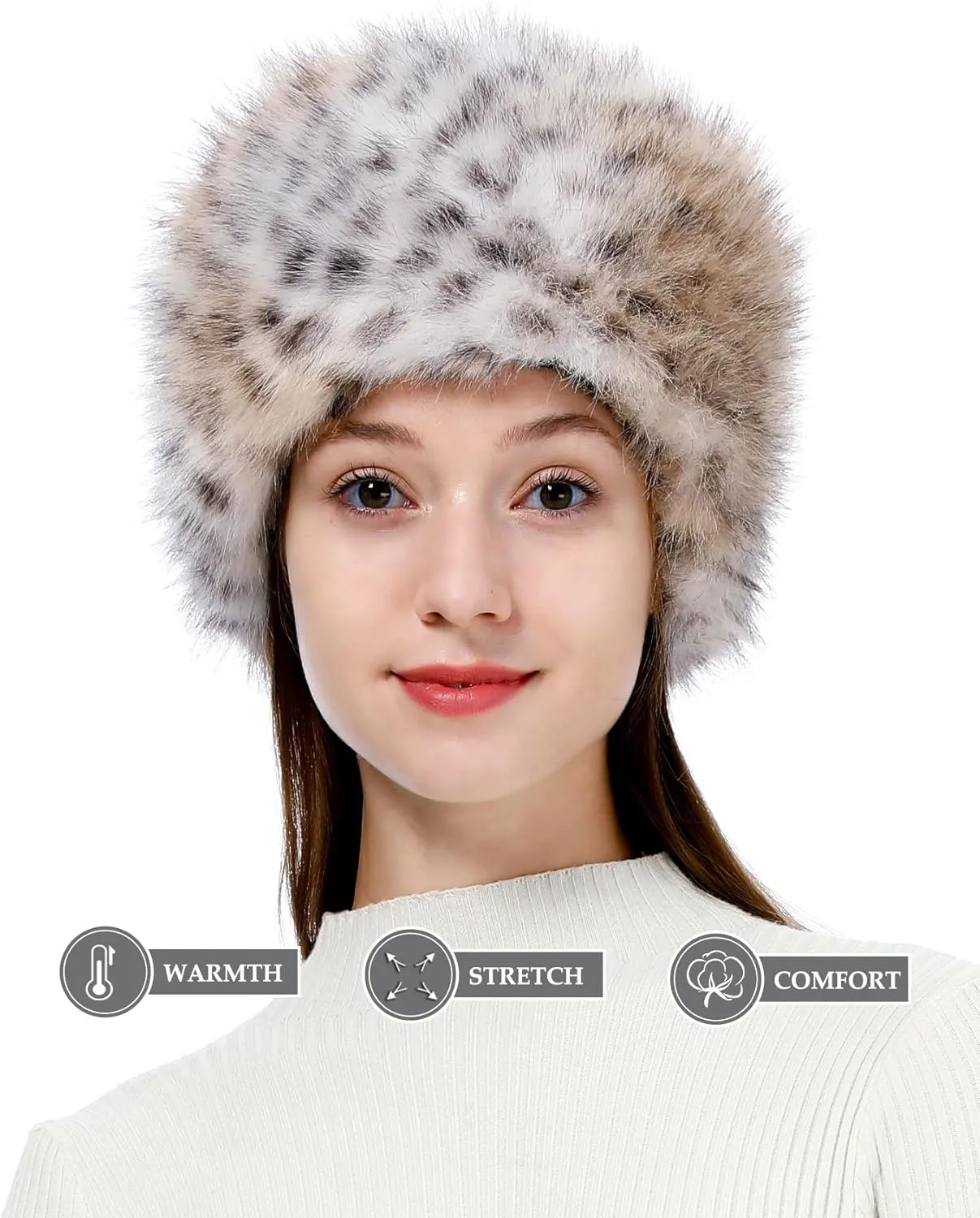 LA CARRIE Women's Faux Fur Hat for Winter with Stretch Cossack Russian Style White Warm Cap