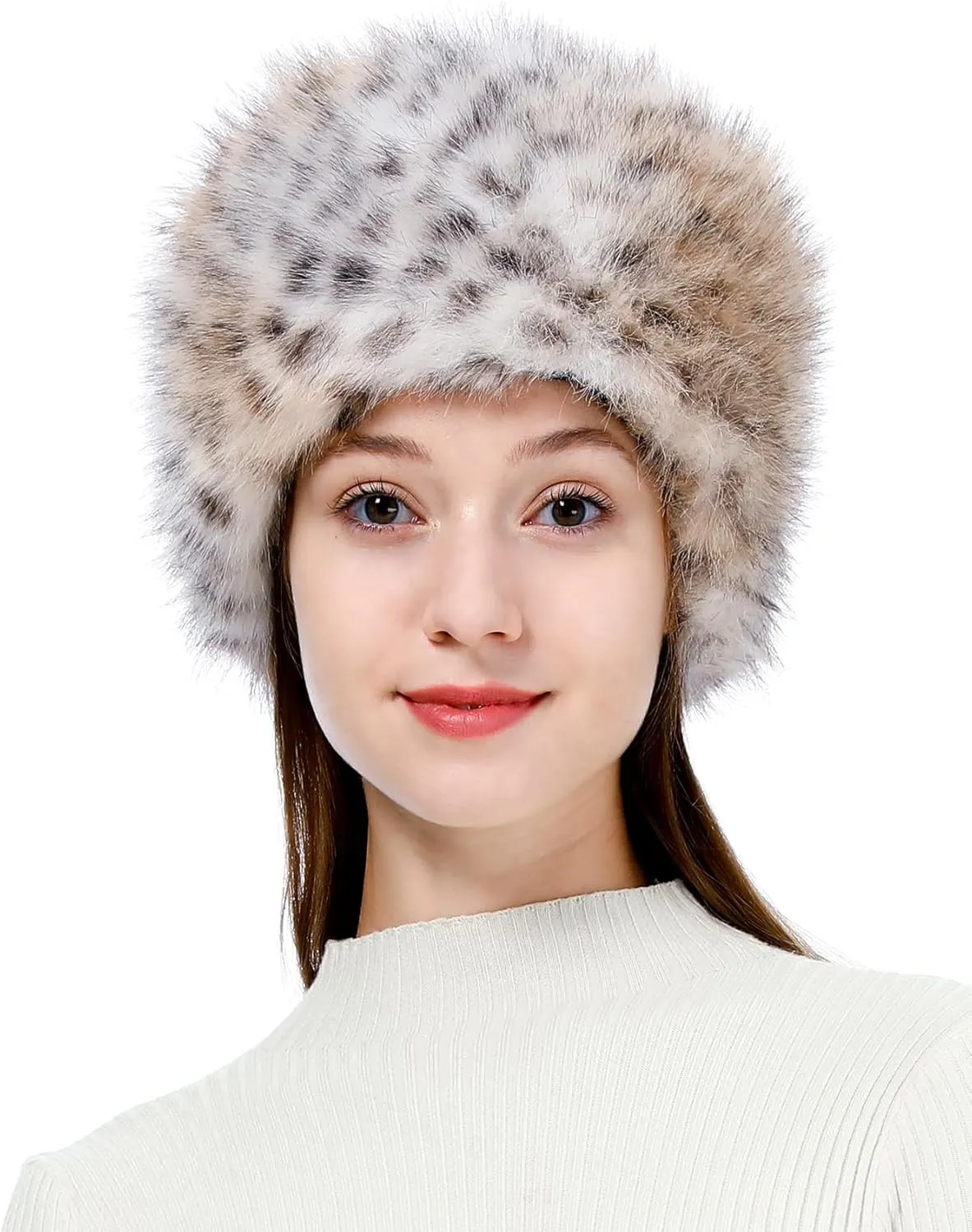 LA CARRIE Women's Faux Fur Hat for Winter with Stretch Cossack Russian Style White Warm Cap