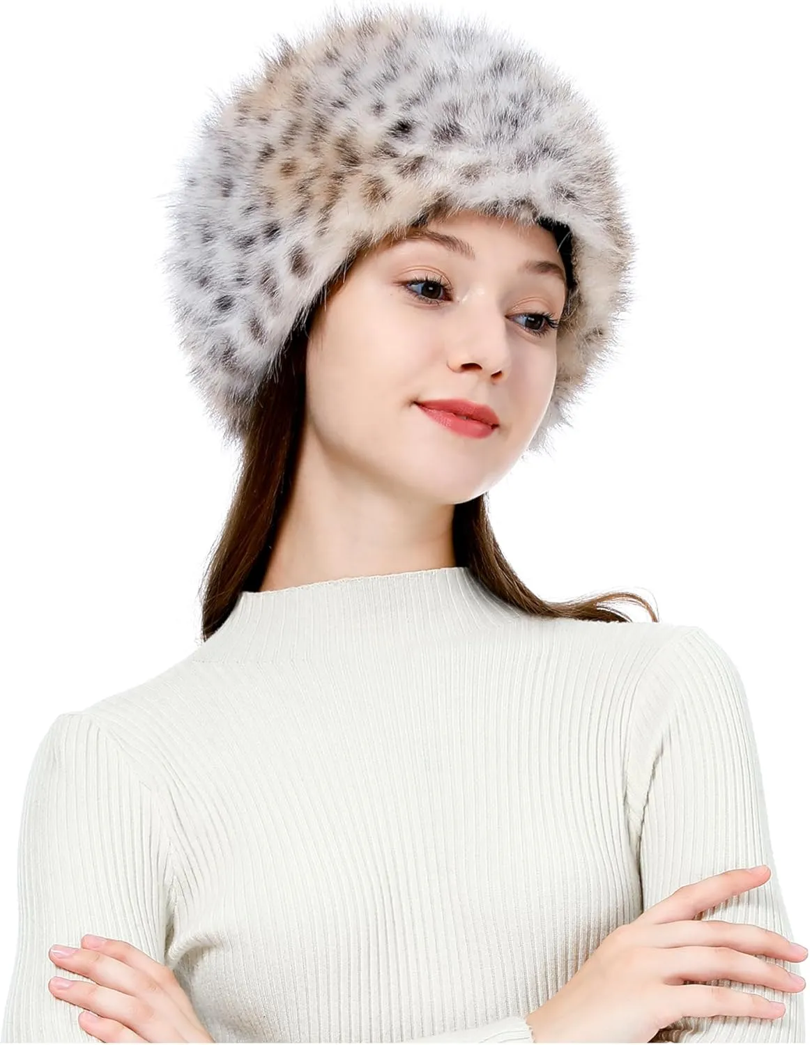 LA CARRIE Women's Faux Fur Hat for Winter with Stretch Cossack Russian Style White Warm Cap