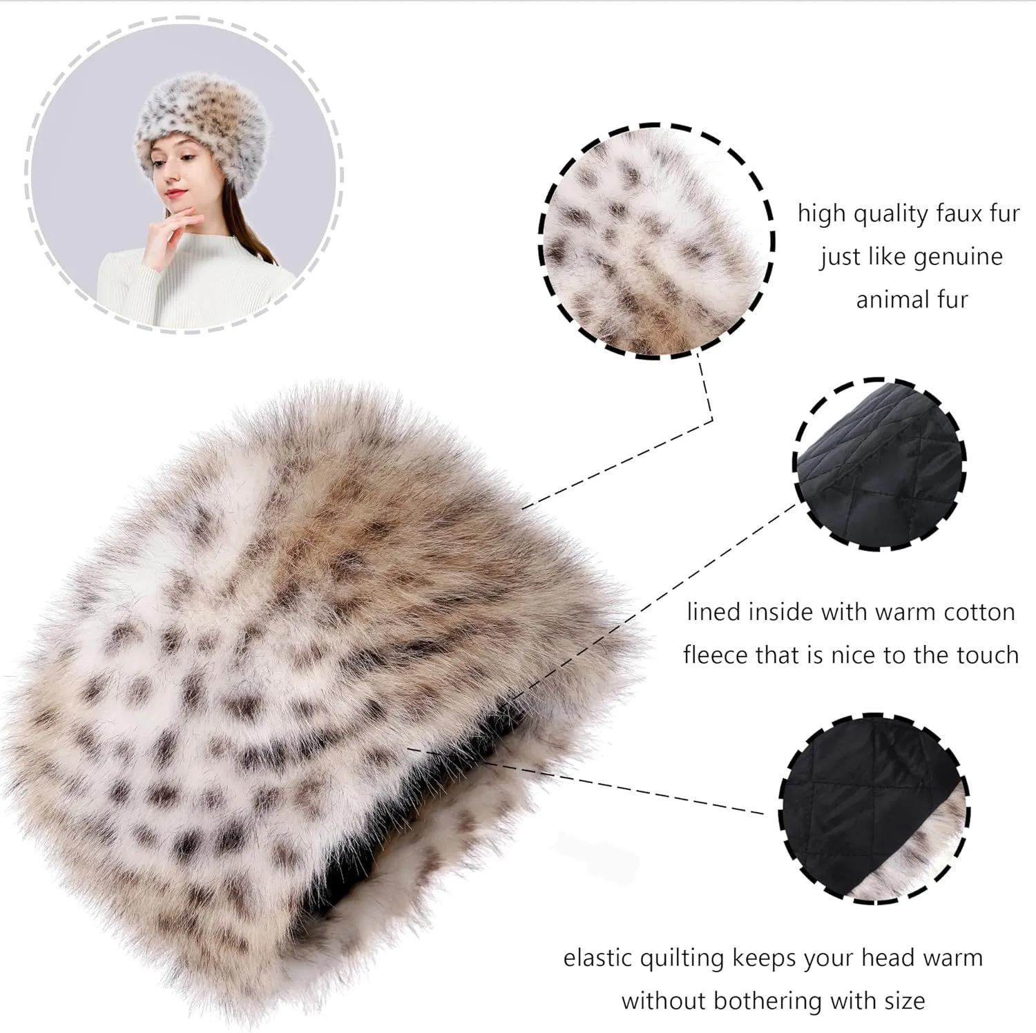 LA CARRIE Women's Faux Fur Hat for Winter with Stretch Cossack Russian Style White Warm Cap