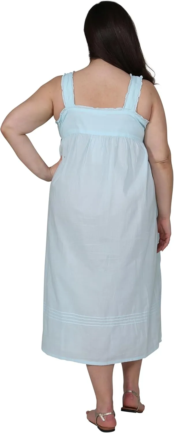 LA CERA Women's Plus Size Sleeveless Embroidered Nightgown, 100% Cotton, Side Pockets, Lace Inset V-Neckline