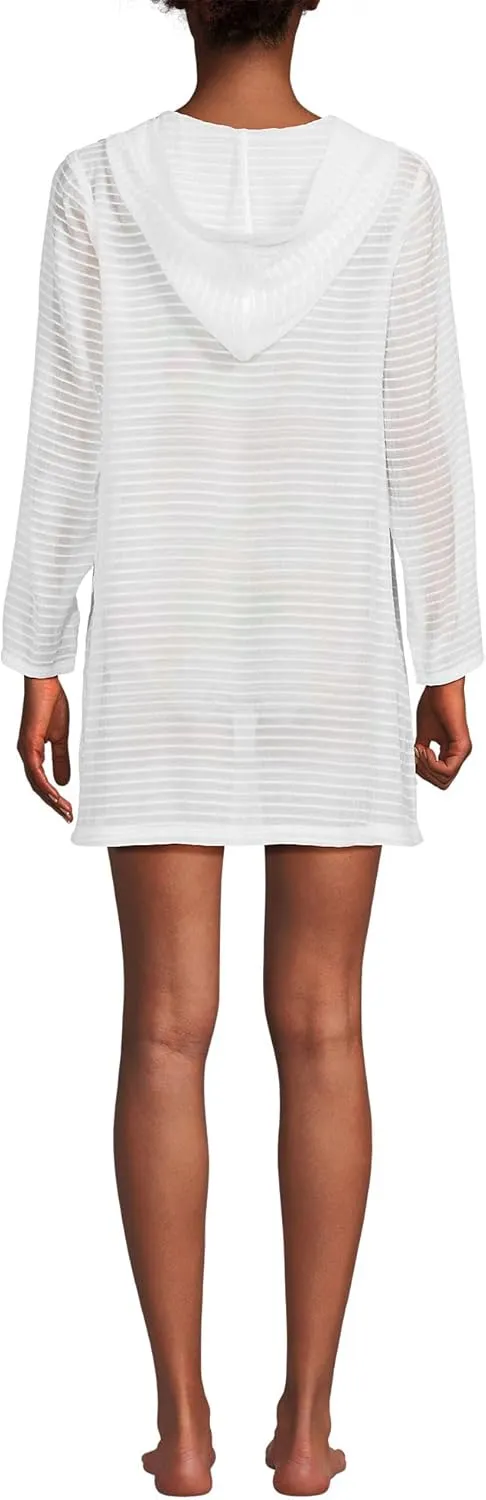 Lands' End Women's Cotton Jersey Long Sleeve Hooded Swim Cover-up Dress
