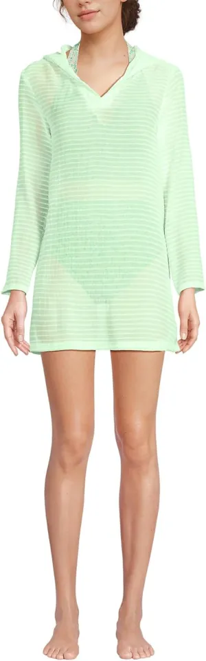 Lands' End Women's Cotton Jersey Long Sleeve Hooded Swim Cover-up Dress